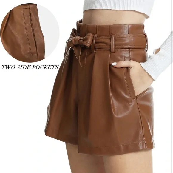 High Waist Brown Faux Leather Shorts - Picture 2 of 9